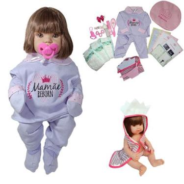 Imagem de Boneca Bebê Mamãe Reborn Silicone Bolsa + 28 Itens Lilás