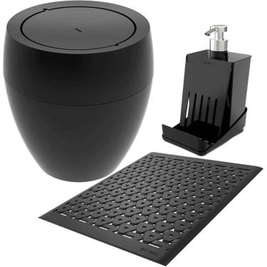 Imagem de Kit Pia Cozinha Lixeira 9L Grade Protetora Porta Detergente Plástico Preto 3pçs Crippa Smart S