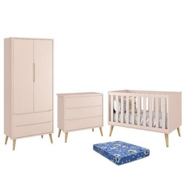 Imagem de Dormitório Infantil Theo Retrô 2 Portas, Cômoda, Berço Rosa Fosco com 