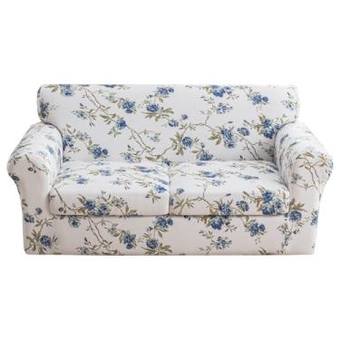 Imagem de KRFOONN Capa de sofá estampada de 3 peças para 2 almofadas de sofá elástica com 2 capas de almofada de assento separadas, protetor de móveis com fundo elástico para sala de estar (namoradeira, 51)