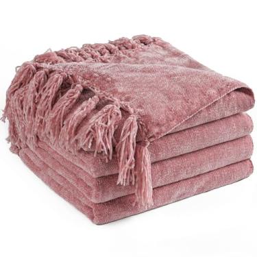 Imagem de LONG CREATE Cobertor de chenille para sofá de 152 x 203 cm, mantas macias e aconchegantes com franja para cama, sofá, cadeira, cobertores, decorativos, tricotados, leves, para sala de estar, malva