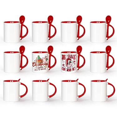 Imagem de AGH Canecas de café de sublimação em branco 325 ml, copos de cerâmica brancos retos com interior vermelho, alça, colher, pacote com 12