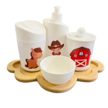 Imagem de Kit Higiene Baby Cowboy Menino c/bandeja em MDF - Dóia Kids, Nuvem Cru