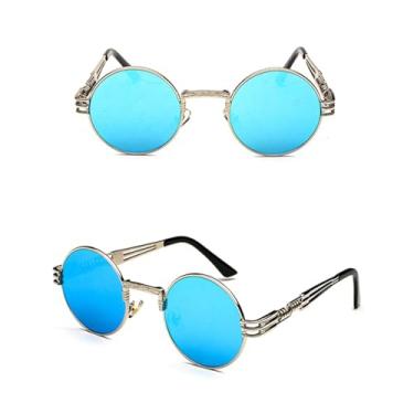 Imagem de VFDHN Óculos de sol vintage retrô gótico steampunk espelhado vintage redondo masculino UV400 (espelho azul prateado)