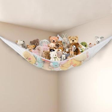Imagem de Powkoo Rede para animais de pelúcia, canto, grande, organizador de brinquedos, rede de armazenamento para crianças, berçário, quarto, sala de jogos, decoração de parede de casa (branco)