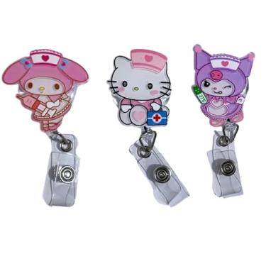 Imagem de 3 porta-crachás retráteis de desenhos animados fofos – Porta-crachás de identificação Kawaii com chaveiro e extensão de cabo de 61 cm – Carretéis divertidos de crachá de enfermeira e escritório para