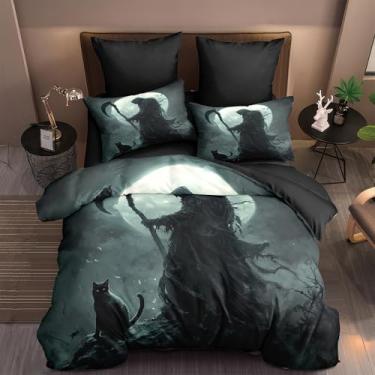 Imagem de CCoutueChen Conjunto de edredom gótico Dark Death God King, Horrible Grim Reaper, gato preto, macio, leve, para homens e mulheres, 3 peças de microfibra lua cheia noite cinza (228 x 264 cm)