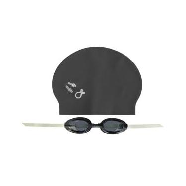 Imagem de Kit de Natação 5 Peças, Óculos com Proteção UV, Touca 21,5 x 18,5 cm, Protetor Nasal e Protetores de Ouvido, Preto