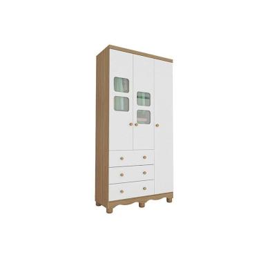 Imagem de Guarda Roupa 3 Portas c/ (2 Cristal) e 3 Gavetas Uli Branco/Amendoa - Peroba