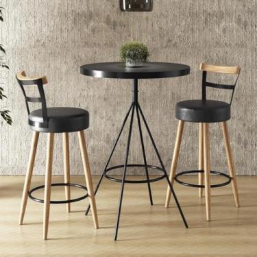 Imagem de Conjunto Mesa Alta Bistrô com 2 Banquetas, 98cm, Madeira e Metal, Preto e Natural, para Sala/Bar/Área Gourmet (PRETO)
