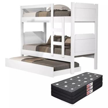 Imagem de Beliche com Escada Cama Auxiliar 100% MDF Reforçada Incluso 3 Colchões