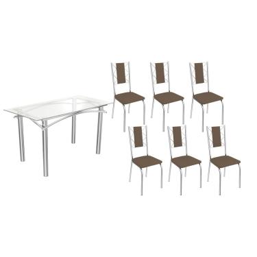 Imagem de Kit 6 Cadeiras Sala Jantar Elba c/ Tampo de Vidro 150cm e 6 Cadeiras Lisboa Cromada - Courano Marrom - Kappesberg