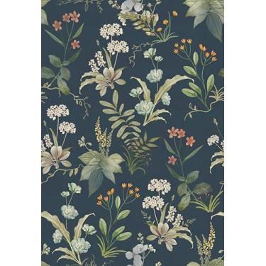 Imagem de Simon&Siff Papel de parede vintage Peel and Stick Papel de parede floral azul flores silvestres papel de contato botânico papel de parede autoadesivo removível para decoração de armários de quarto
