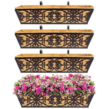 Imagem de Pacote com 4 caixas de janela de 61 cm, caixa de plantas, trilhos com suportes ajustáveis e forros de coco, sacos de cultivo de plantas, trilhos de convés, caixa de flores pendurada na varanda para