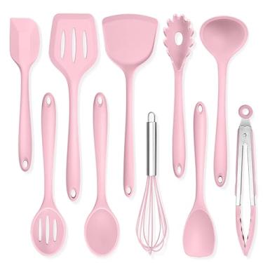 Imagem de TeamFar Conjunto de 10 utensílios de cozinha de silicone, (espátula sólida, espátula, colher sólida, escumadeira, servidor de massa, concha de sopa, espátula grande, batedor, colher de espátula, pinça