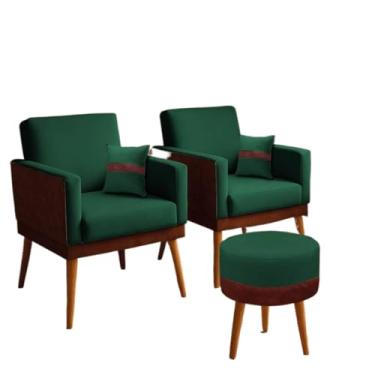 Imagem de Kit 02 Poltronas para Sala Decorativa Lis com Almofada e Puff Redondo Corino Peroba e Suede Aninha Decor (Verde)