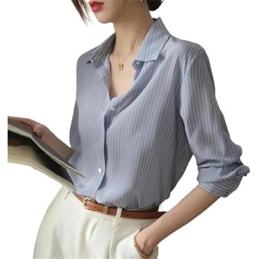 Imagem de Camisas Mulheres Lady Blue Listrado Primavera Verão Blusa Manga Longa Gola Turndown Solto Casual, Blue, XL