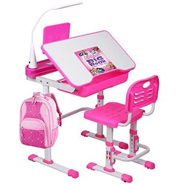 Imagem de SMAGREHO Conjunto de mesa e cadeira infantil, mesa de estudo escolar com altura ajustável com mesa inclinada, luz LED, gaveta de armazenamento, suporte de livros (rosa)