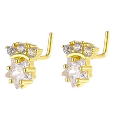 Imagem de Niaspi 2 peças de anéis de nariz em forma de L anéis de nariz estrela de cristal zircônia cúbica estrelas nariz piercing de narina para mulheres moda piercing corporal joias (estilo2 (ouro))