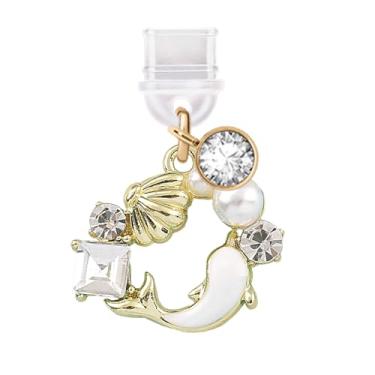 Imagem de ELISE & FONDA TP762 Tipo-C porta de carregamento antipoeira plugue cristal golfinho e concha guirlanda pingente de telefone celular para iPhone 15/16/Samsung/OnePlus/Xiaomi/oppo telefones Android