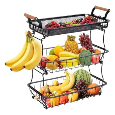 Imagem de Rrlihjgu Porta-Frutas,Cesto De Frutas De 3 Níveis Para Bancada De Cozinha - Organizador de Armazenamento em Arame Metálico com Ganchos para Banana para Legumes, Pão, Lanches, Despensa, Casa e