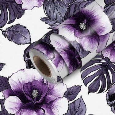 Imagem de HOMETITUTE Papel de parede floral crânio roxo gótico descasque e cole papel de parede 45 cm x 300 cm + revestimento de parede de vinil autoadesivo quarto cozinha banheiro