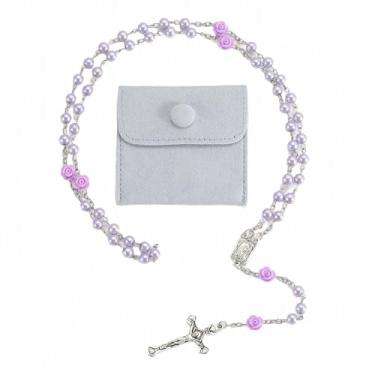 Imagem de Compra de contas de oração de vidro, contas de oração de rosas católicas, colares de pérolas soltas católicas e o presente de confirmação da primeira comunhão na cruz de Jesus Cristo, bem como bolsas