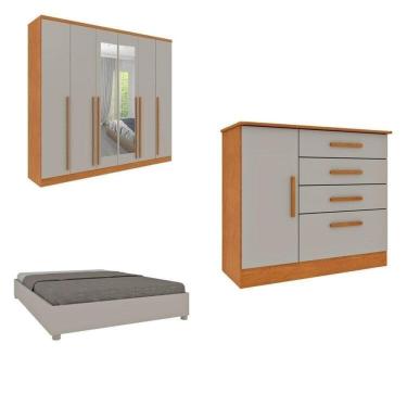 Imagem de CONJUNTO GUARDA ROUPA CASAL COM PUXADOR MDF PORTUGAL COM ESPELHO CAMA CASAL E CÔMODA ESPRESSO MÓVEIS Cinamomo/Off White