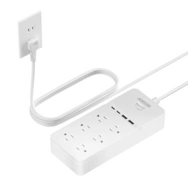 Imagem de NTONPOWER Régua de alimentação de 2 pinos com cabo de extensão de 3 metros, protetor de surto de plugue plano com 6 tomadas, 2 portas USB, adaptador de saída de 3 pinos, suporte de parede para plugue