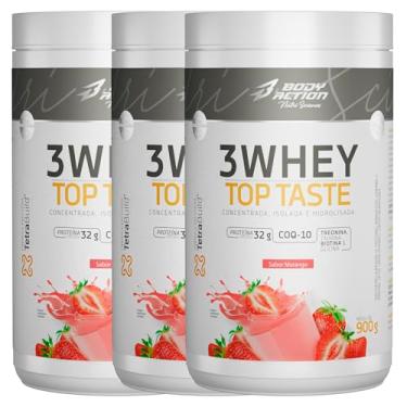 Imagem de BODYACTION - 3Whey Top Taste - Whey Protein Concentrado/Isolado/Hidrolisado - 32g de Proteína por Dose, Suplementação Alimentar Pós-Treino, Fórmula Enriquecida com BCAAs - Adoçado com Stevia - Suplemento Alimentar - Fonte de Proteínas e Carboidratos - Kit 3un - Pote 900g (3 Potes - 900g, Morango)