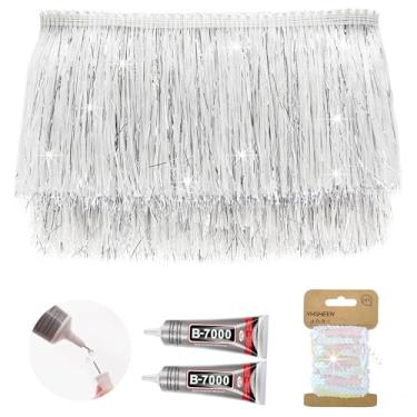 Imagem de Yhsheen Acabamento de franja branca com tinsel, acabamento de franja metálica de 1,5 m x 10 cm com cola B7000 para jaqueta de karma, artesanato de fantasia, folha brilhante, decoração de festa de