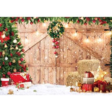 Imagem de Haboke Pano de fundo de porta de celeiro de Natal rústico de tecido macio de 2,1 x 1,5 m para fotografia, Natal, árvore de neve, presente de parede, chão, festa, fundo de foto, artigos de feriado em família, decoração de estúdio, fotos