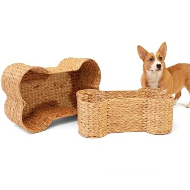 Imagem de THE LICKER STORE BSK4000A-2 conjuntos Digby em forma de osso grande tecido à mão jacinto de água organizador de brinquedos para animais de estimação, caixa de armazenamento de cães para sala de estar