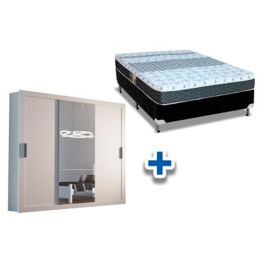 Imagem de Cama Box Casal + Colchão Class Castor + Guarda Roupa Veneza Luxo Branco