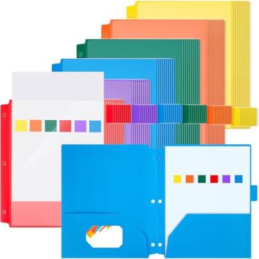 Imagem de Honoson 60 peças, 2 pastas de bolso com bolso frontal transparente, pastas de plástico perfuradas de 3 furos para fichário de 3 anéis, abas cortadas de 1/6 para sala de aula de escritório (cores