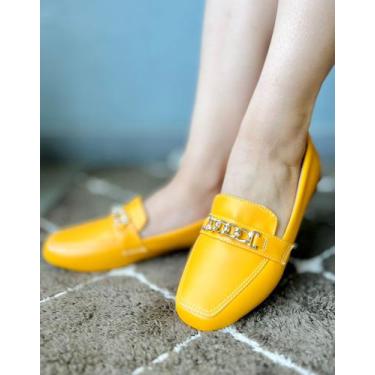 Imagem de Mocassim Sapatilha Bico Quadrado com Corrente Dourada Palmilha Confort