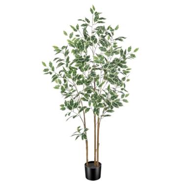 Imagem de LYERSE Ficus Tree Artificial – Árvore de ficus artificial de 1,5 m para ambientes internos com tronco natural e folhas realistas – Árvore de ficus falsa para decoração interna de canto de escritório