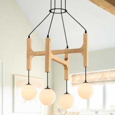 Imagem de Lustres de madeira de fazenda natural vintage luz pendente de vidro de leite L61 cm comprimento de meados do século 4 luminária para pendurar para sala de estar sala de jantar entrada quarto cozinha