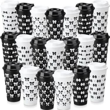 Imagem de Yiyiring 20 copos de plástico com laço preto coquete com canudo e tampa 473 ml copos de plástico reutilizáveis preto e branco laço coquete lembrancinhas de festa para noivado, casamento, chá de bebê