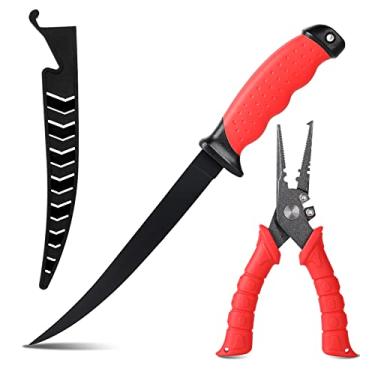 Imagem de BszykzDXI Facas de pesca e faca de isca, conjunto de ferramentas de pesca ao ar livre (2 peças - vermelho preto (faca de filete e alicate de pesca))