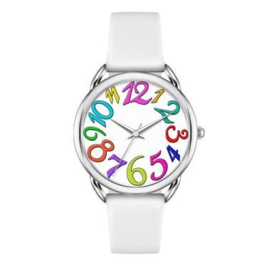 Imagem de Relógio feminino Bisley branco com mostrador colorido com números árab