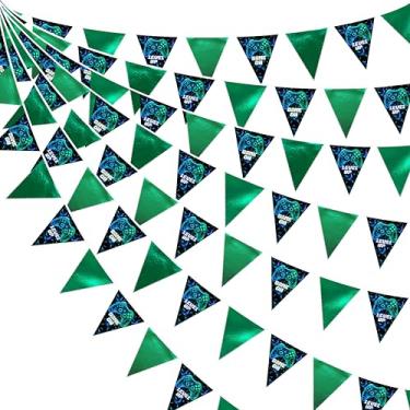 Imagem de Decoração de festa de videogame de 8,5 m em tecido metálico verde azul preto para jogos, bandeira triangular, guirlanda, flâmula para jogadores, aniversário, videogame, chá de bebê, jogos ao ar livre