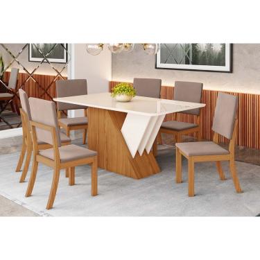 Imagem de Conjunto: Mesa de Cozinha Épic SC24 Tampo Madeirado c/ Vidro Canto Curvo 160x90cm e 6 Cadeiras Milla Nature/Suede Light Marrom Amêndoa - Henn