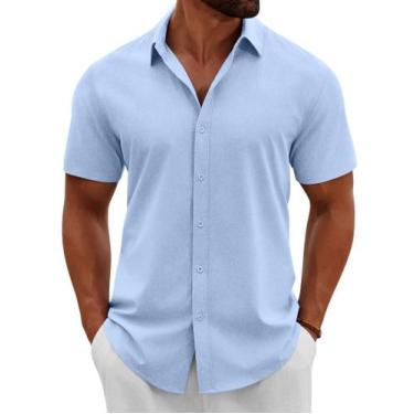 Imagem de Camisa COOFANDY azul de linho de manga curta com botões para homens