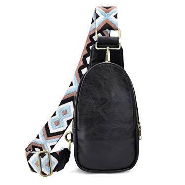 Imagem de KlaOYer Bolsas de couro femininas transversais pequenas bolsas de peito com alça de guitarra para gril lady, Preto, Large, Transversal