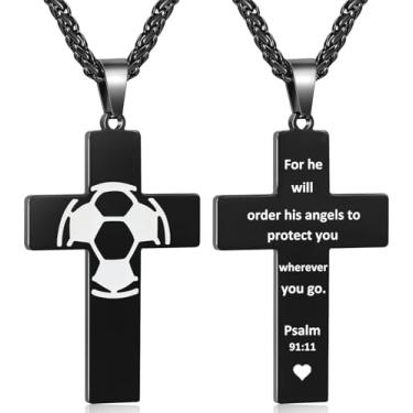 Imagem de Colar masculino com cruz de futebol, versículo bíblico, pingente, presente para aniversário, Natal, batismo, religioso, acessórios de futebol, presentes, Small, Aço inoxidável, Sem Pedra Preciosa