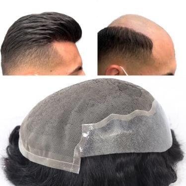 Imagem de blazingfire Toupee respirável para homens sistema de substituição de cabelo humano renda francesa com apliques de cabelo virgem indiano de poliuretano para homens 17 x 25 cm peruca masculina preta