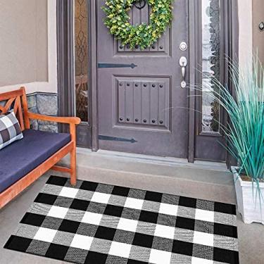 Imagem de Mudder Tapete xadrez Buffalo 70 x 109 cm preto e branco tapete xadrez externo interno varanda xadrez capacho lavável tecido decoração de varanda frontal para cozinha, fazenda, entrada
