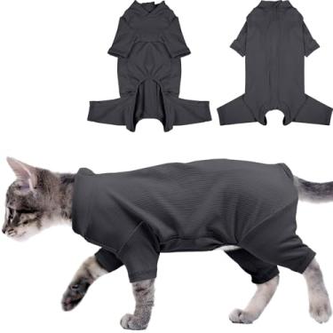 Imagem de Yternal Roupas para gatos macias e elásticas – Roupas de gatinho confortáveis, camiseta elástica, roupa para animais de estimação com zíper fácil com capa, cinza escuro, G