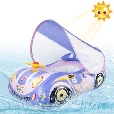 Imagem de Boia de piscina para bebês com dossel: boias para bebês de 6 a 48 meses Qoosea com proteção solar FPS 50+ e kit de remendo e volante de brinquedo (azul)